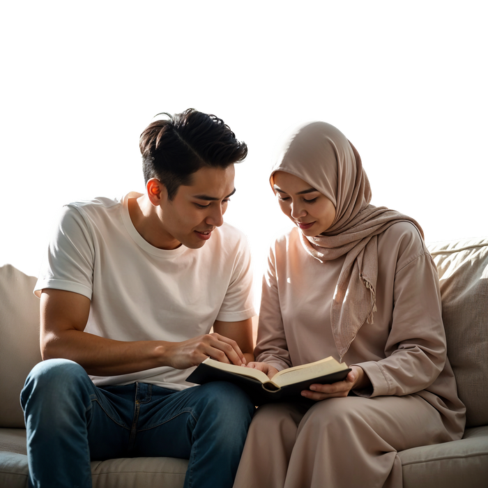 Pasangan Muslim membaca buku bersama